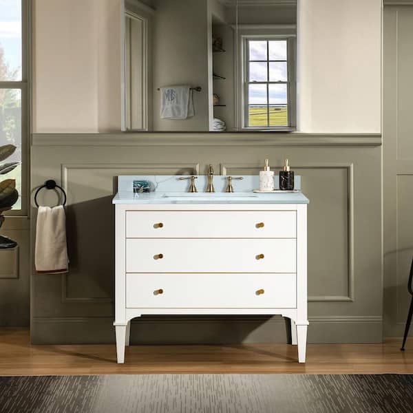 WOODBRIDGE Roma 43 in. W x 22 in. D x 34 in. H Bath Vanity in White with Engineered Stone Vanity Top in Fish Belly with White Basin