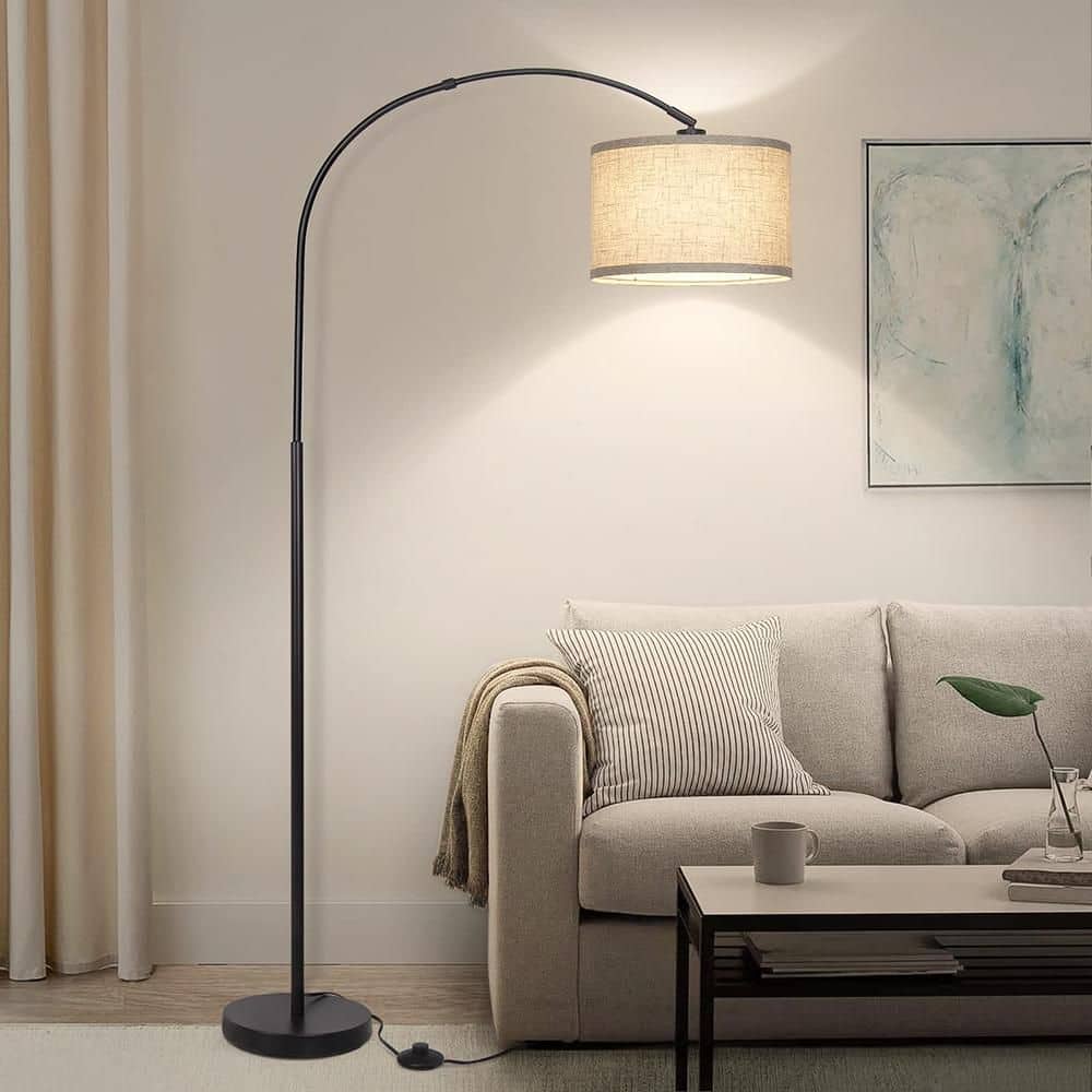 71 in. Black 1-Light Arc Floor Lamp with Linen Shade and No Bulbs
