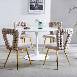 White and Gold Fabric Upholstered Modern Accent Chair, Side Chair, Dining Chair with Hairball Back (Set of 2)