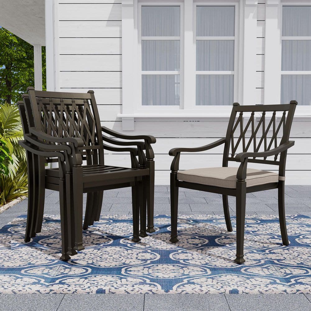 Beige Cushioned Cast Aluminum Outdoor Dining Chairs, Set of 4
