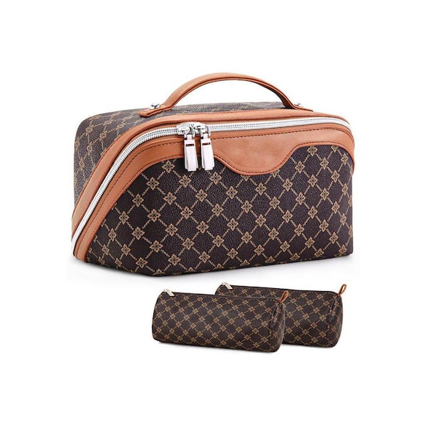 Coffee Travel Makeup Toiletry Bag Set with Compartments-Large Capacity Vegan Leather Cosmetic Organizer for Women