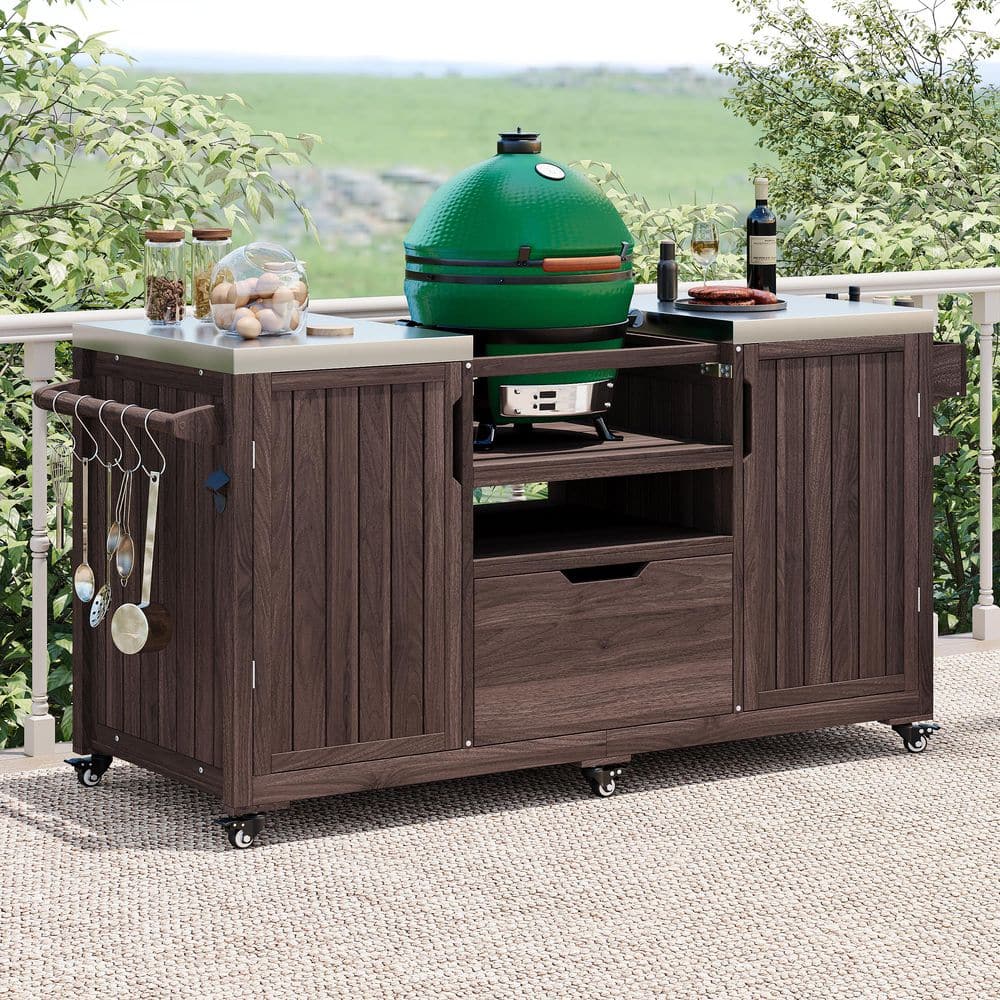 Dark Brown Stainless Steel Large 66.5 in. W Outdoor Kitchen Island