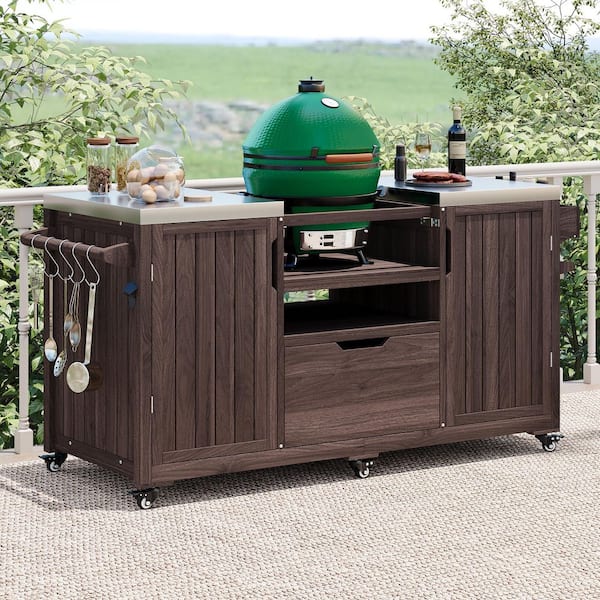 Unbranded Dark Brown Stainless Steel Large 66.5 in. W Outdoor Kitchen Island Grill Cart for Big Green Egg Grills