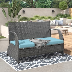 Wicker Outdoor Loveseat with Blue Cushions and Convertible Four Seats