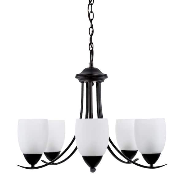 Yosemite Home Decor Mirror Lake 5-Light Oil-Rubbed Bronze Hanging Chandelier with White Etched Glass Shade