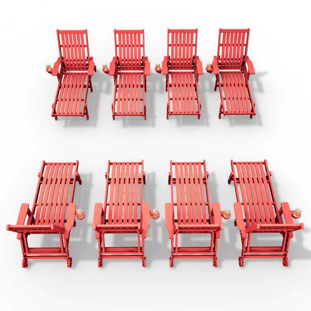 Outdoor HDPE Adjustable Reclining Chaise Lounge Chairs with Wheels and Cup Holders in Red (Set of 8) price history on PriceWatchPro