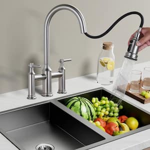 Brass Double Handles High Arc Bridge Kitchen Faucet with 3-Spray Modes Pull Down Sprayer and in Brushed Nickel