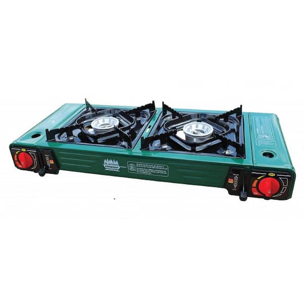 Mr. Outdoors Green Portable 2-Burner Butane Stove Side Burner with Carry Bag