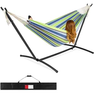 9 ft. 2-Person Double Hammock with Stand Set with Patio with Carrying Bag, Outdoor Brazilian-Style (Blue Green Stripe）