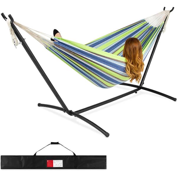 Unbranded 9 ft. 2-Person Double Hammock with Stand Set with Patio with Carrying Bag, Outdoor Brazilian-Style (Blue Green Stripe）