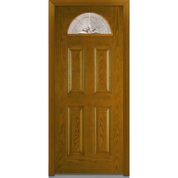 MMI Door 36 in. x 80 in. Heirloom Master Left-Hand 1/4-Lite Decorative 4-Panel Classic Stained Fiberglass Oak Prehung Front Door