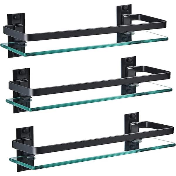 Cubilan 15.7 in. W x 4.6 in. D Black Decorative Wall Shelf, 3-Pack Bathroom Glass Shelf