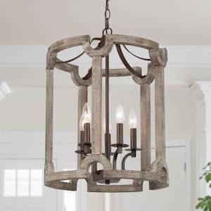 Rustic Farmhouse Candlestick Chandelier 5-Light Bronze Weathered Real Wood Drum Chandelier Foyer Hall Pendant Light