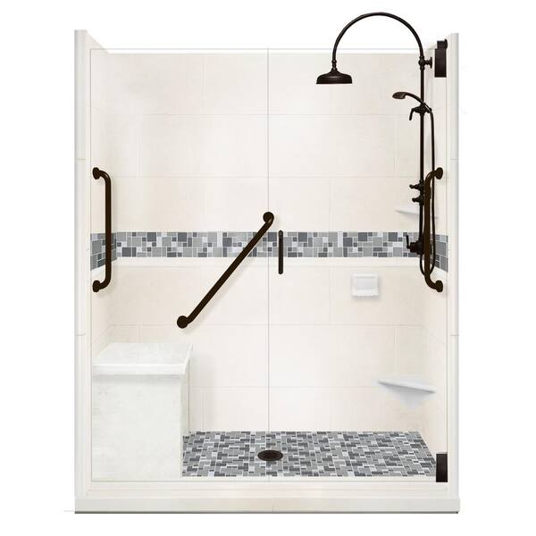 American Bath Factory Newport Freedom Luxe Hinged 36 in. x 60 in. Center Drain Alcove Shower in Natural Buff and Black Pipe Faucet/Hardware