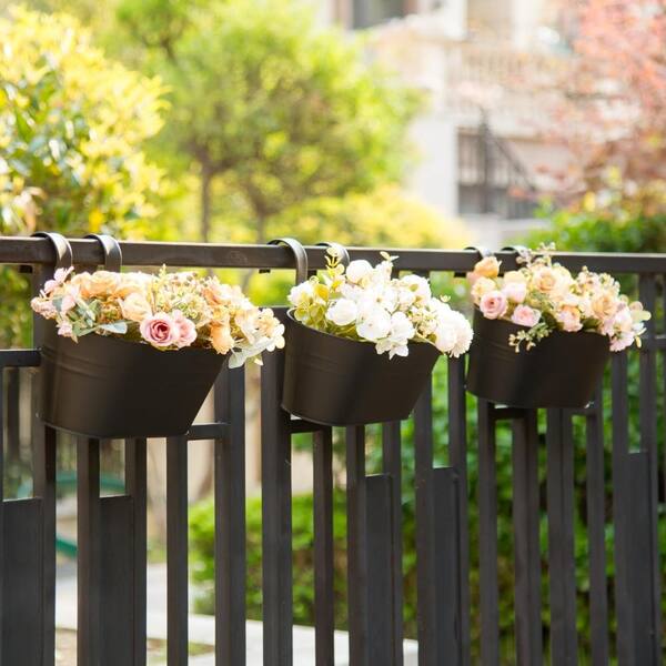 Unbranded 3 Pack Metal Hanging Flower Pots,Outdoor Balcony Rail Planter  with Detachable Hooks Drainage Holes,Black MKHB20XDJ-3PBK