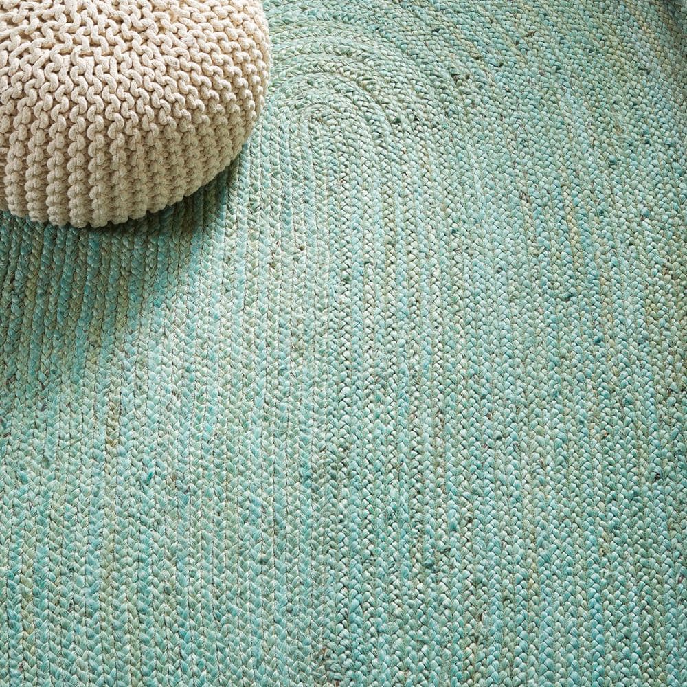 Aqua and Natural Round Braided Jute Rug, 4' Diameter