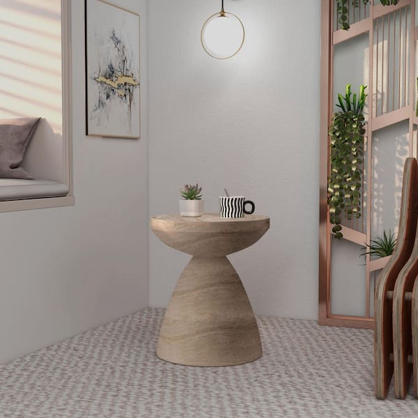 Dune 17 in. Round Side Table in Fiberstone for Indoor and Outdoor Accent End Table With Pedestal Base in Travertine
