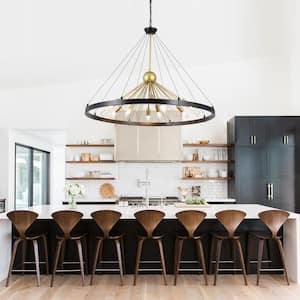 9-Light Black and Spray Gold Wagon Wheel Linear Chandelier for Living Room with No Bulbs Included