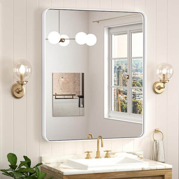KeonJinn 30 in. W x 36 in. H Modern Rectangular White Aluminum Framed Wall Bathroom Vanity Mirror