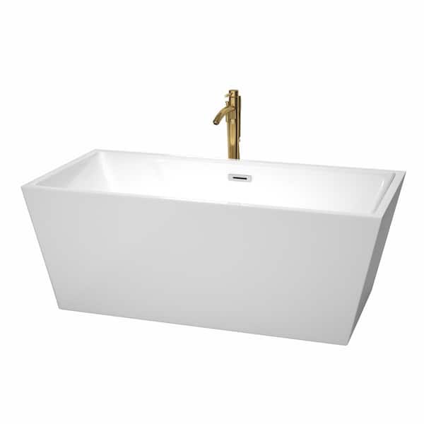 Wyndham Collection Sara 63 in. Acrylic Flatbottom Bathtub in White with Polished Chrome Trim and Brushed Gold Faucet