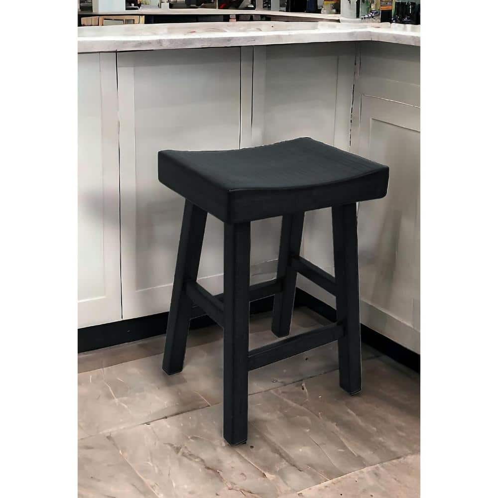 Antique Black Wood Saddle Style Backless Counter Stool 28"