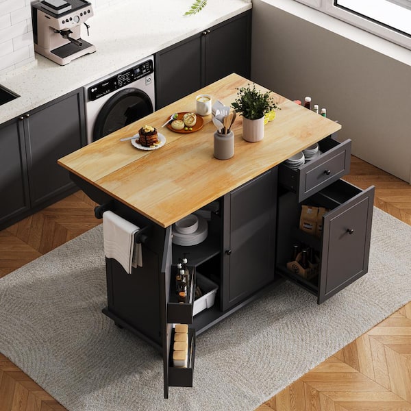 Unbranded Modern 55.7 in. Rolling Folding Solid Wood Outdoor Grill Carts Kitchen Island with Drop Leaf with Power Outlet Drawers