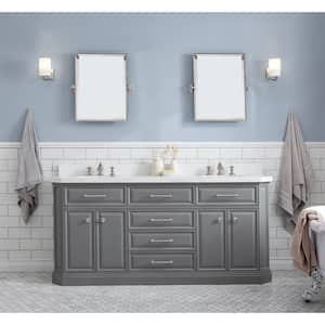 72 in. W Bath Vanity in Cashmere Grey in Quartz Vanity Top with White Basin and Polished Nickel Mirror and F2-13 Faucet