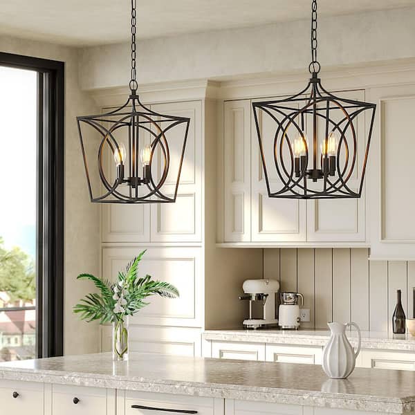 12 in. 4-Light Open Cage Metal Pendant Light, Black Farmhouse Chandelier for Kitchen Island, Dining Room, Foyer