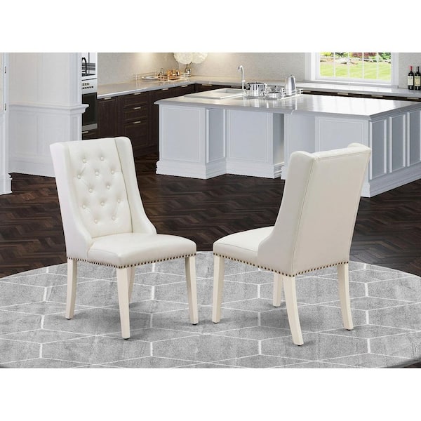 East West Furniture Linen White, Parson Chairs - Button Tufted Nailhead Trim Light Grey Faux Leather Padded Dining Chairs, Set Of 2