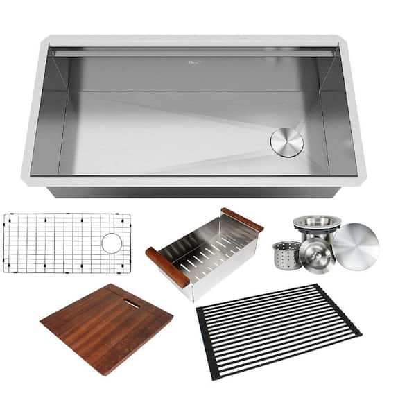 null All-in-One Series Undermount Stainless Steel 36 in. Single Bowl Kitchen Sink in Brushed Finish with Accessories