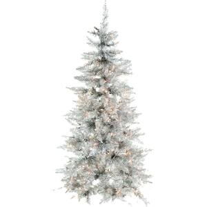 5 ft. Festive Silver Tinsel Christmas Tree with Clear LED Lighting