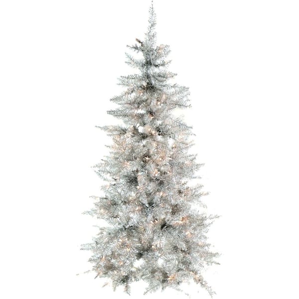 Fraser Hill Farm 5 ft. Festive Silver Tinsel Christmas Tree with Clear LED Lighting