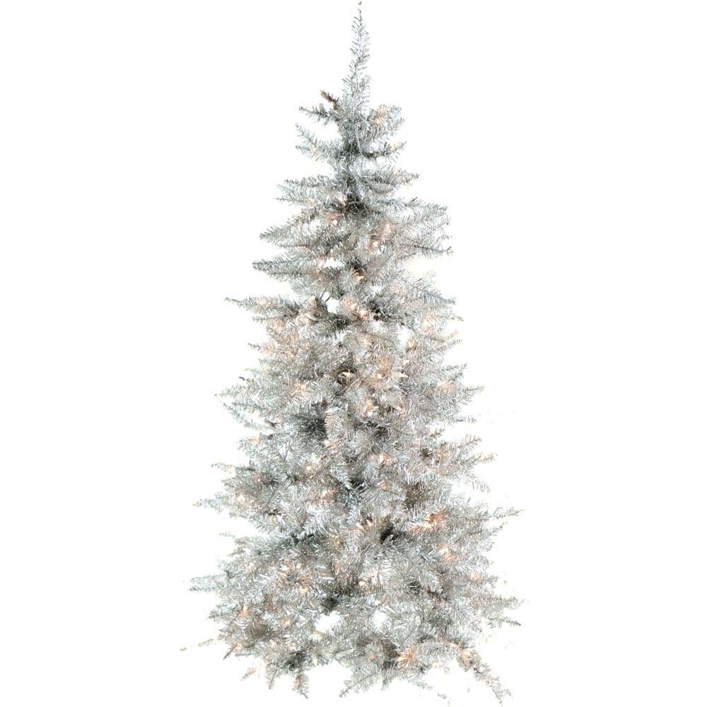 7 ft. Festive Silver Tinsel Christmas Tree with Clear LED Lighting