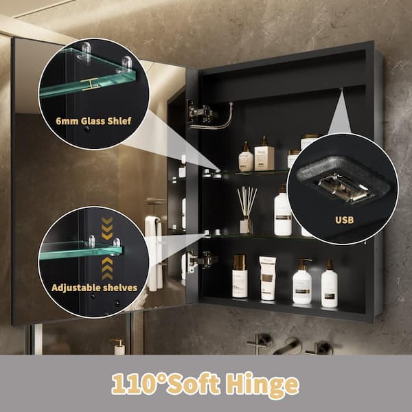 GroGro Velux 20 in. W x 26 in. H Rectangular Aluminum Recessed/Surface Mount Right Dimmable Medicine Cabinet with Mirror LED