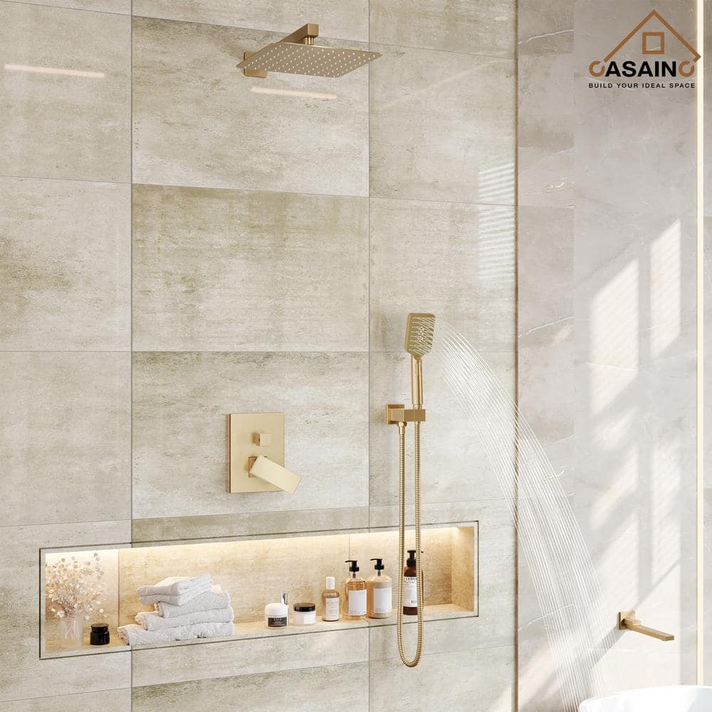 Brushed Gold 12" Wall Mount Shower System with Handheld Spray