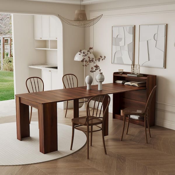 Earthy Modern Walnut Wood 36.61 in. W Extendable Trestle Dining Table Seats 4