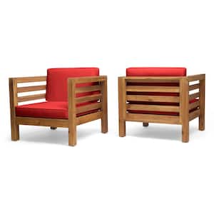 Oana Teak Brown Removable Cushions Wood Outdoor Patio Club Chair with Red Cushion (2-Pack)