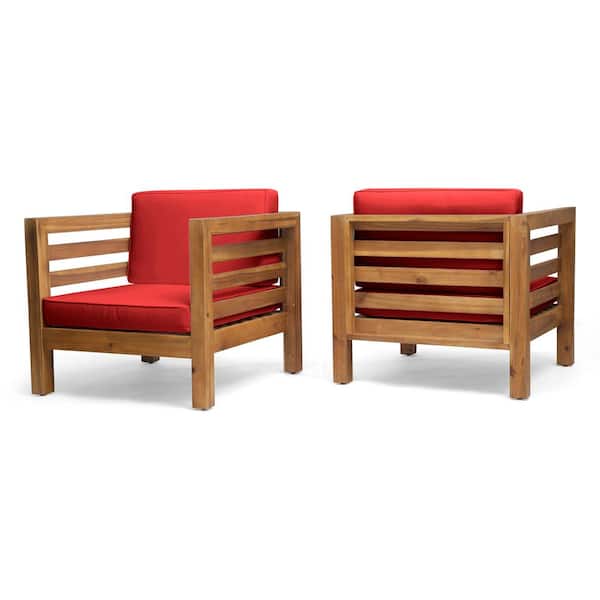 Noble House Oana Teak Brown Removable Cushions Wood Outdoor Patio Club Chair with Red Cushion (2-Pack)