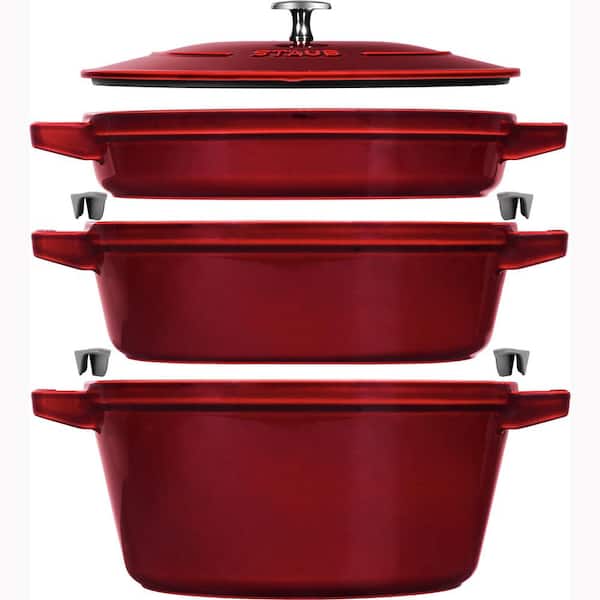 Cast Iron Set 4-Pieces, Stackable Space-Saving Cookware Set, Dutch Oven with Universal Lid, Made in France, Grenadine