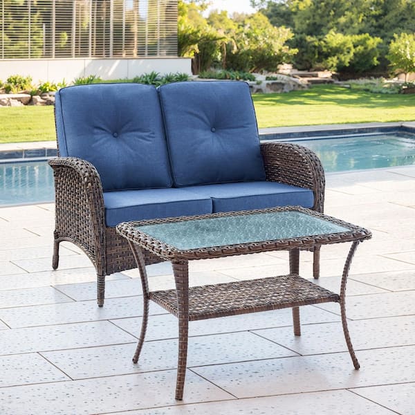 Brown PE Wicker Outdoor Loveseat with Blue Cushions and Coffee Table