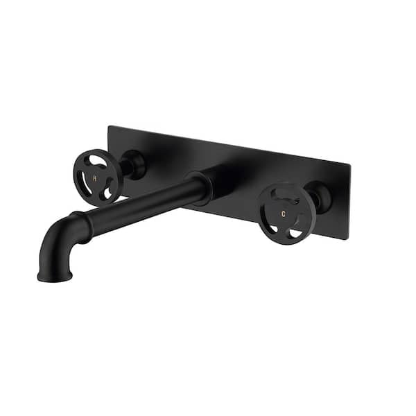Tomfaucet Industrial Double-Handle Wall Mounted Bathroom Faucet in Matte Black