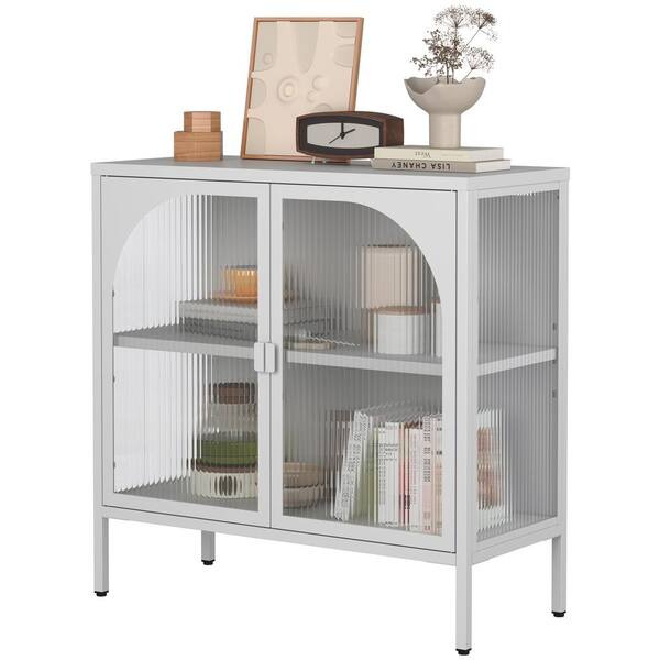 FUNKOL 31.5 in. x 13.8 in. x 31.5 in. White Metal Storage Cabinet w/2 Glass Cabinet-Doors and Adjustable Shelves Holds 200 lbs.
