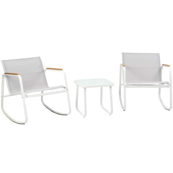 KOZYARD 3 Piece Metal Patio Conversation Set with Wooden Armrests, Outdoor Patio Furniture Set with Glass Table (White)