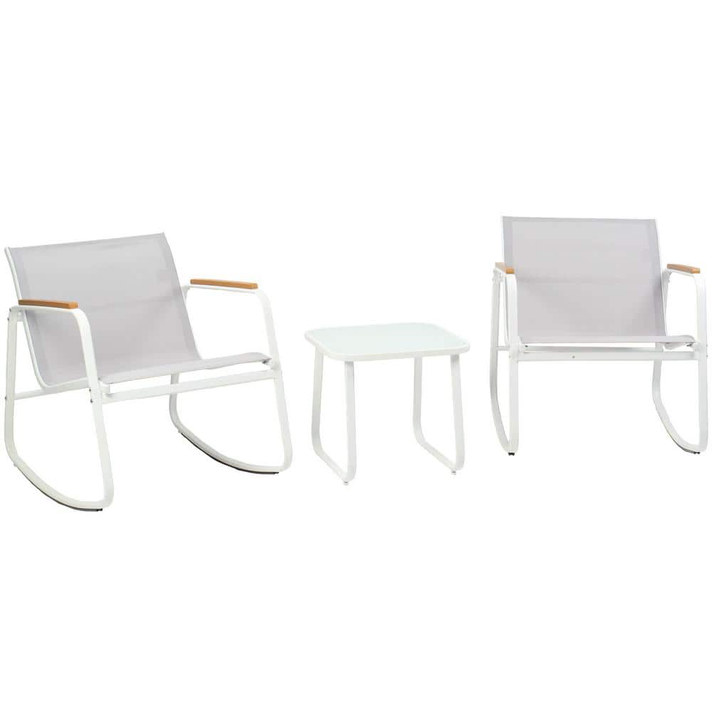 (Incomplete))3 Piece Metal Patio Conversation Set with Wooden Armrests, Outdoor Patio Furniture Set with Glass Table (White)
