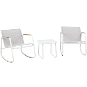 3 Piece Metal Patio Conversation Set with Wooden Armrests, Outdoor Patio Furniture Set with Glass Table (White)