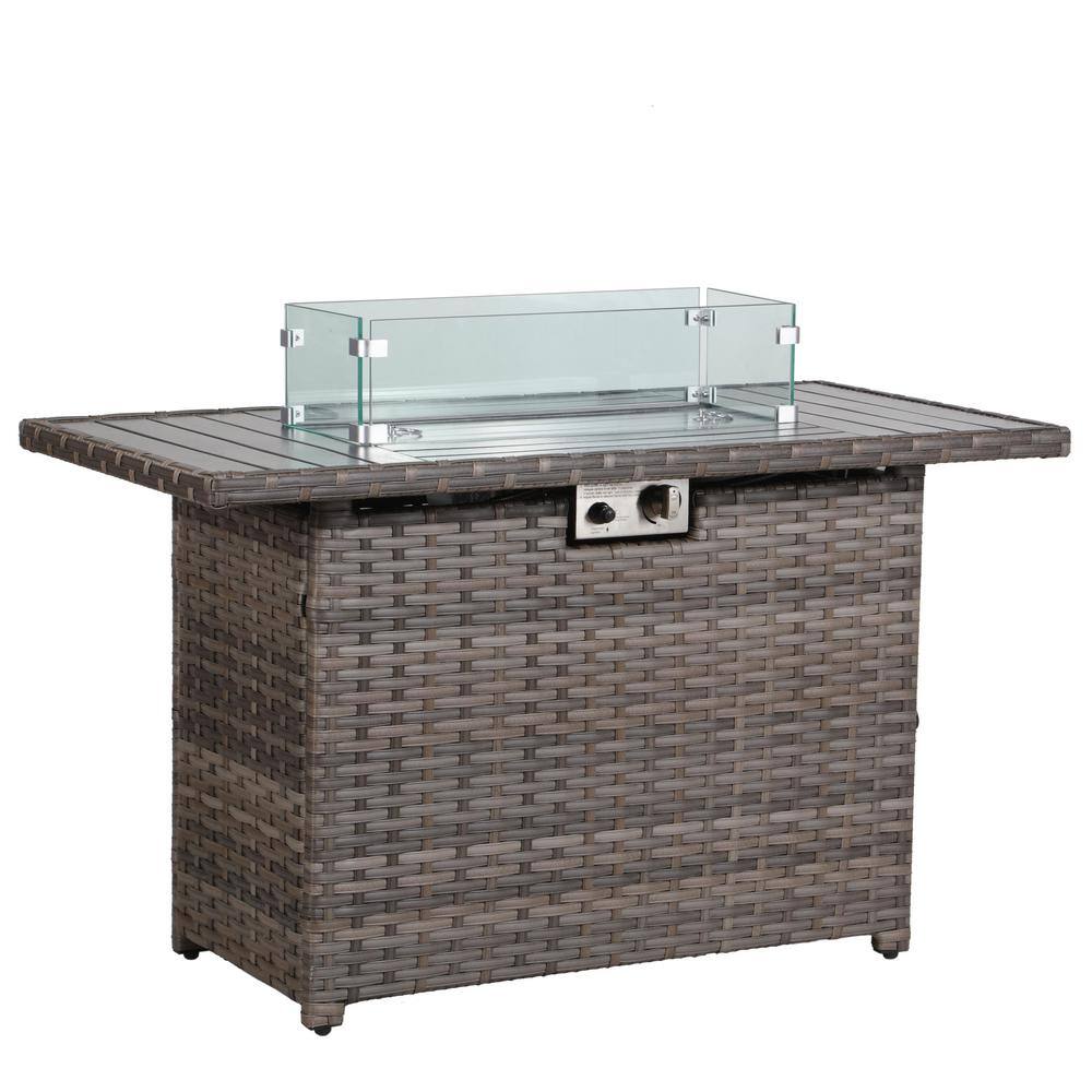 Brown 44.5 in. 50000 BTU Rectangular Aluminum Propane Outdoor Fire Pit Table with Glass Wind Guard Lid Fire Glass Beads