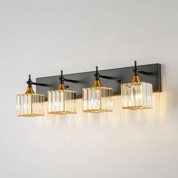 Umera 26.3 in. 4-Light Modern Vintage Antique Bronze Square Bathroom Vanity Light with Crystal Shade