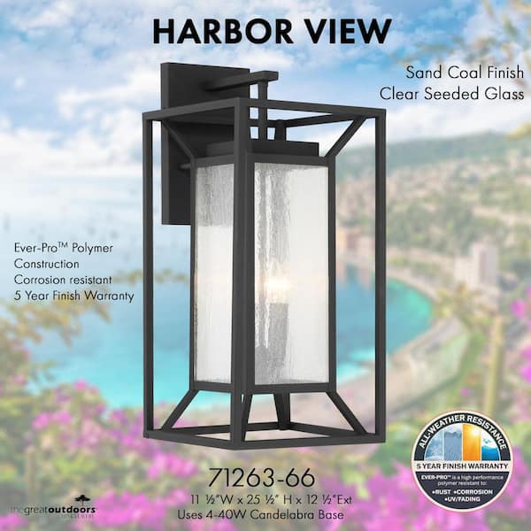 Harbor View 4-Light Sand Black Outdoor Wall Lantern Sconce with Clear Seeded Glass