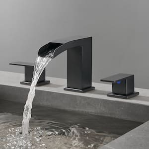 Waterfall 8 in. Widespread Double Handle Low Arc Bathroom Faucet with Drain kit Included in Matte Black(1-Pack)