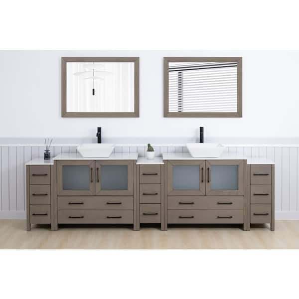 108 in. W Double Basin Driftwood Gray Bath Vanity with White Engineered Marble Top and Mirror